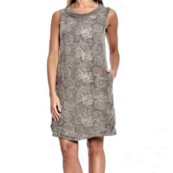 Lina Tomei Dresses & Skirts - Lina Tomei 100% linen embroidered dress Large Gray Italy Cowl Neck Beach Pockets